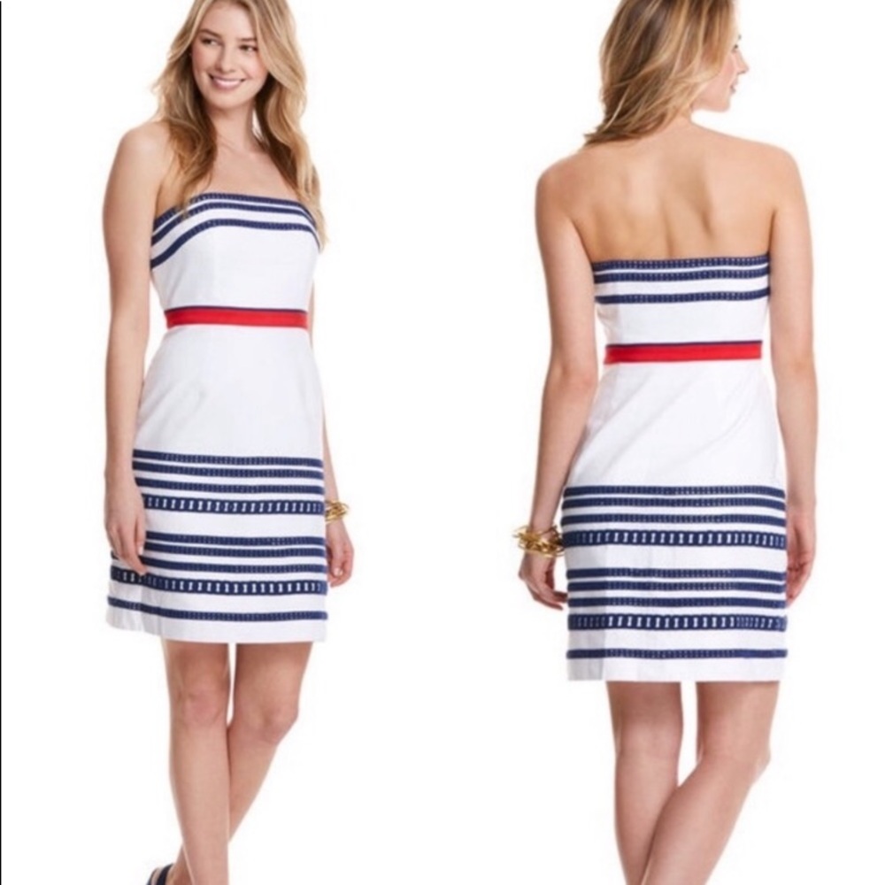 Vineyard Vines White Strapless Dress with Navy Stripes and Red Waistband
